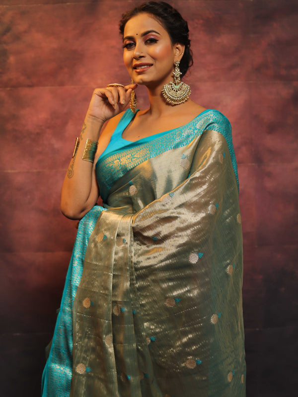 Banarasee Contrast Border Buta Design Tissue Saree-Grey & Blue