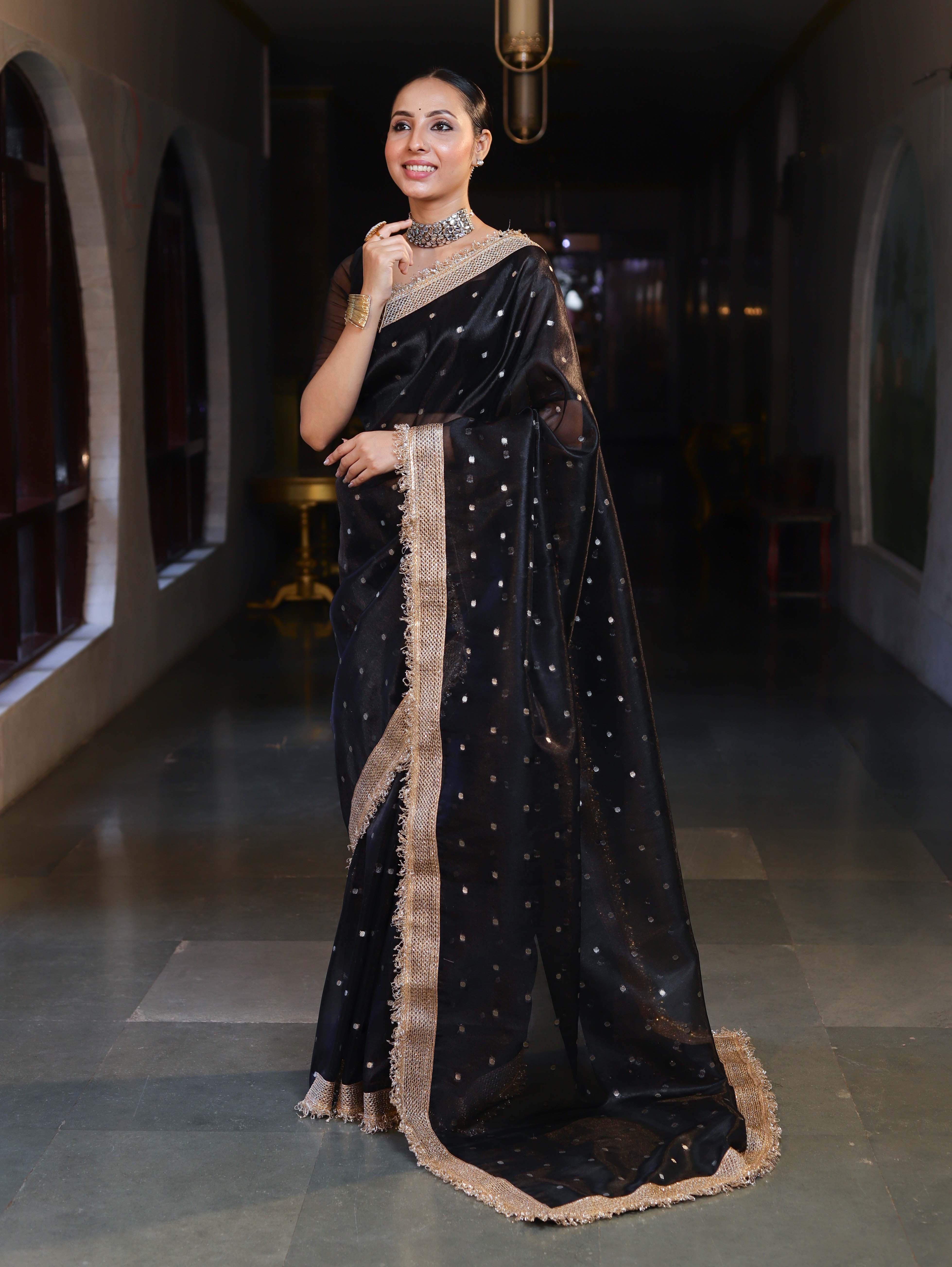 Banarasee Handwoven Tissue Saree With Zari Buti Design & Lace-Black