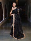 Banarasee Handwoven Tissue Saree With Zari Buti Design & Lace-Black