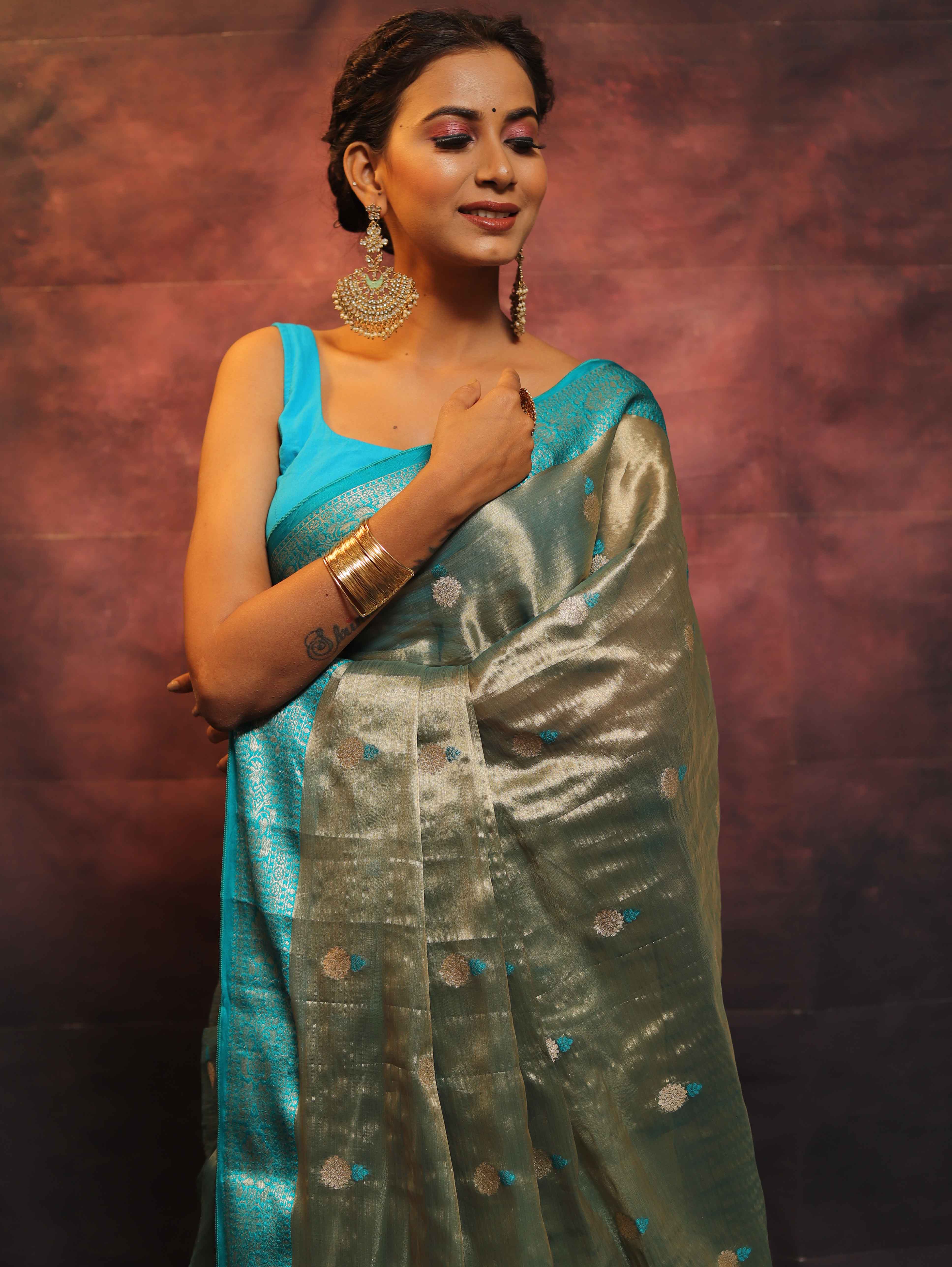 Banarasee Contrast Border Buta Design Tissue Saree-Grey & Blue