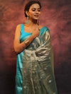 Banarasee Contrast Border Buta Design Tissue Saree-Grey & Blue