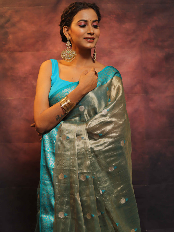 Banarasee Contrast Border Buta Design Tissue Saree-Grey & Blue