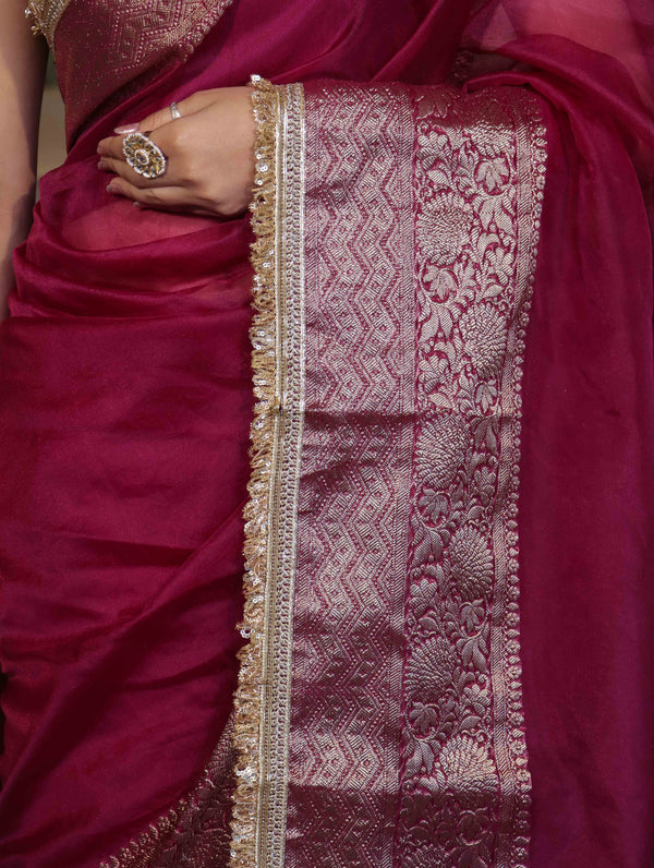 Banarasee Handwoven Plain Tissue Saree With Broad Zari Border & Lace-Dark Magenta
