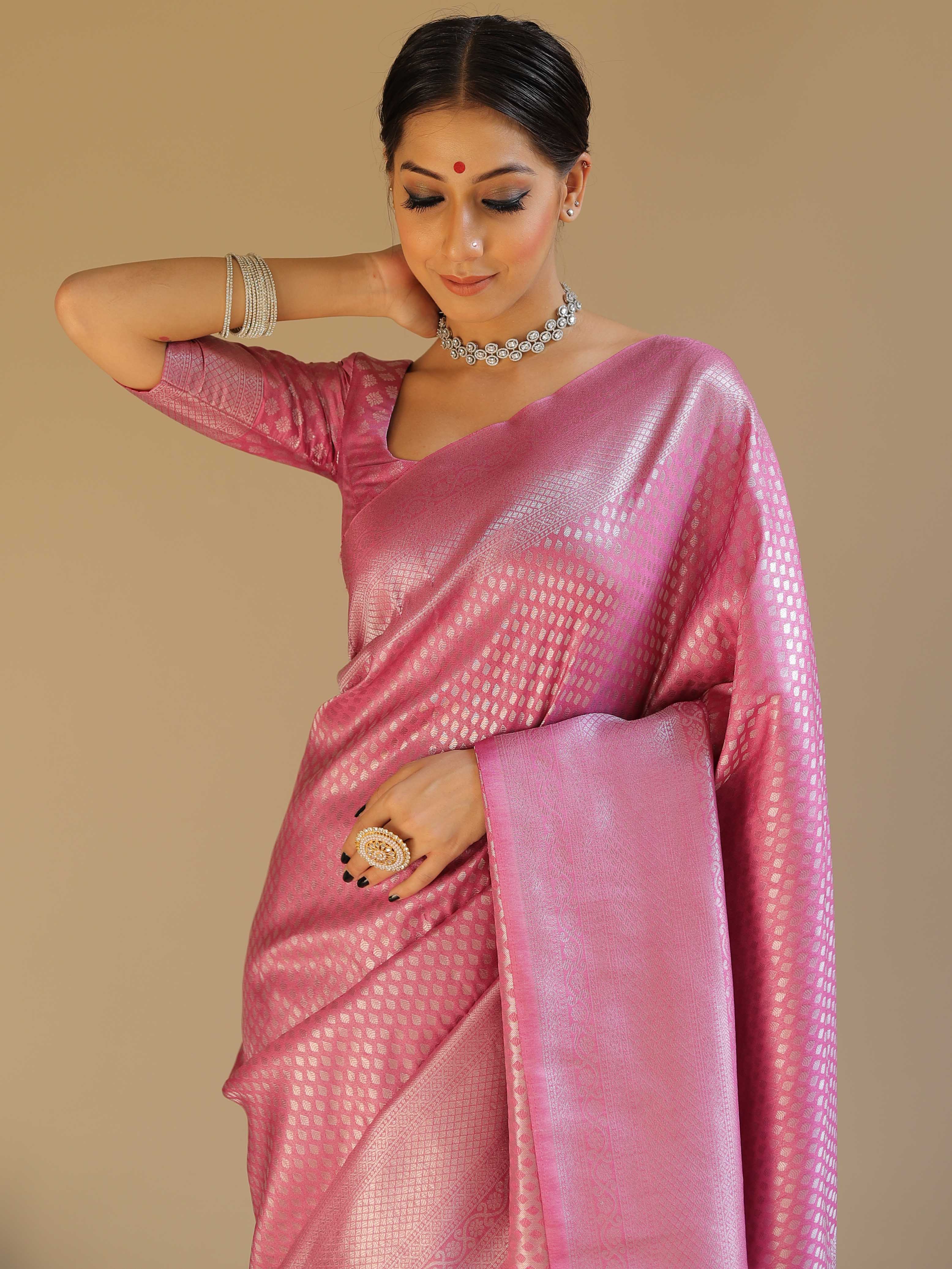 Banarasee Kubera Pattu Soft Silk Saree With Silver Zari Work-Onion Pink