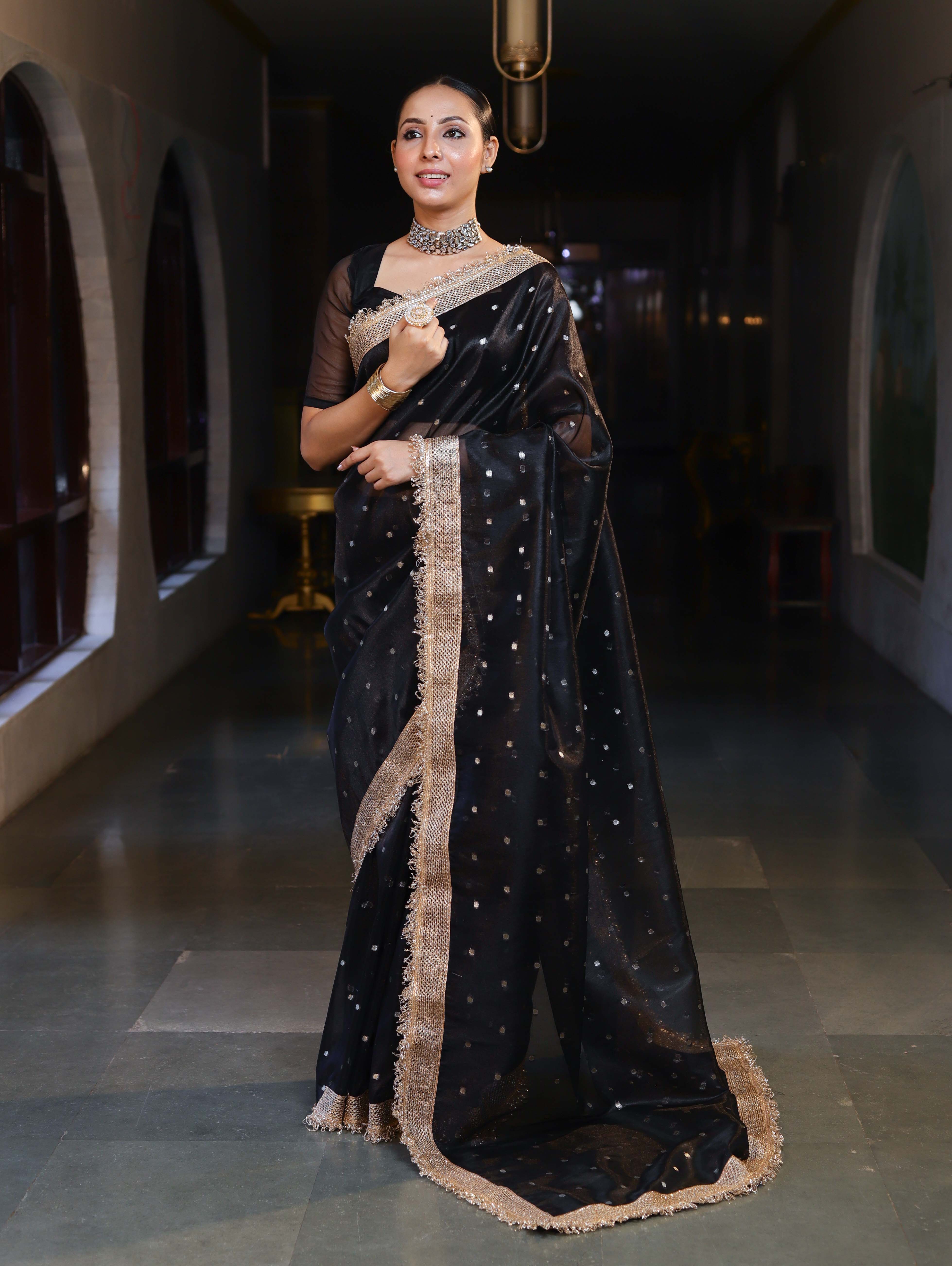 Banarasee Handwoven Tissue Saree With Zari Buti Design & Lace-Black