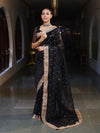 Banarasee Handwoven Tissue Saree With Zari Buti Design & Lace-Black