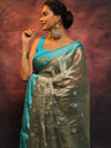 Banarasee Contrast Border Buta Design Tissue Saree-Grey & Blue
