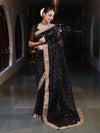 Banarasee Handwoven Tissue Saree With Zari Buti Design & Lace-Black
