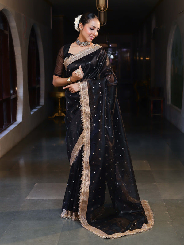 Banarasee Handwoven Tissue Saree With Zari Buti Design & Lace-Black