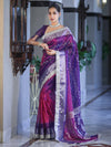 Banarasee Tissue Hand Embroidered Mirror Work Saree With Pearl Motifs & Swarovski Work-Violet & Magenta