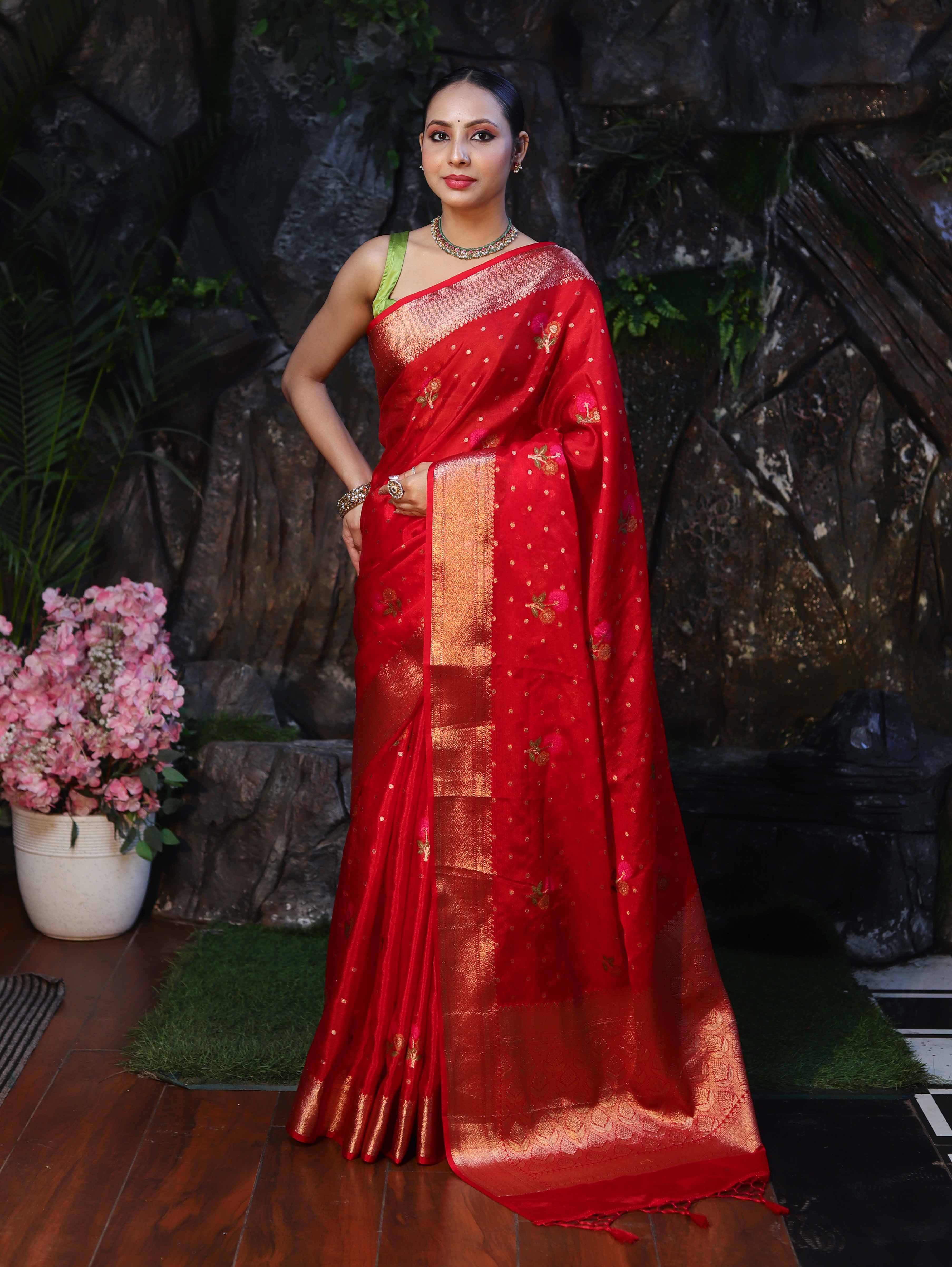 Banarasee Organza Mix Saree With Zari Buti Work & Border-Red