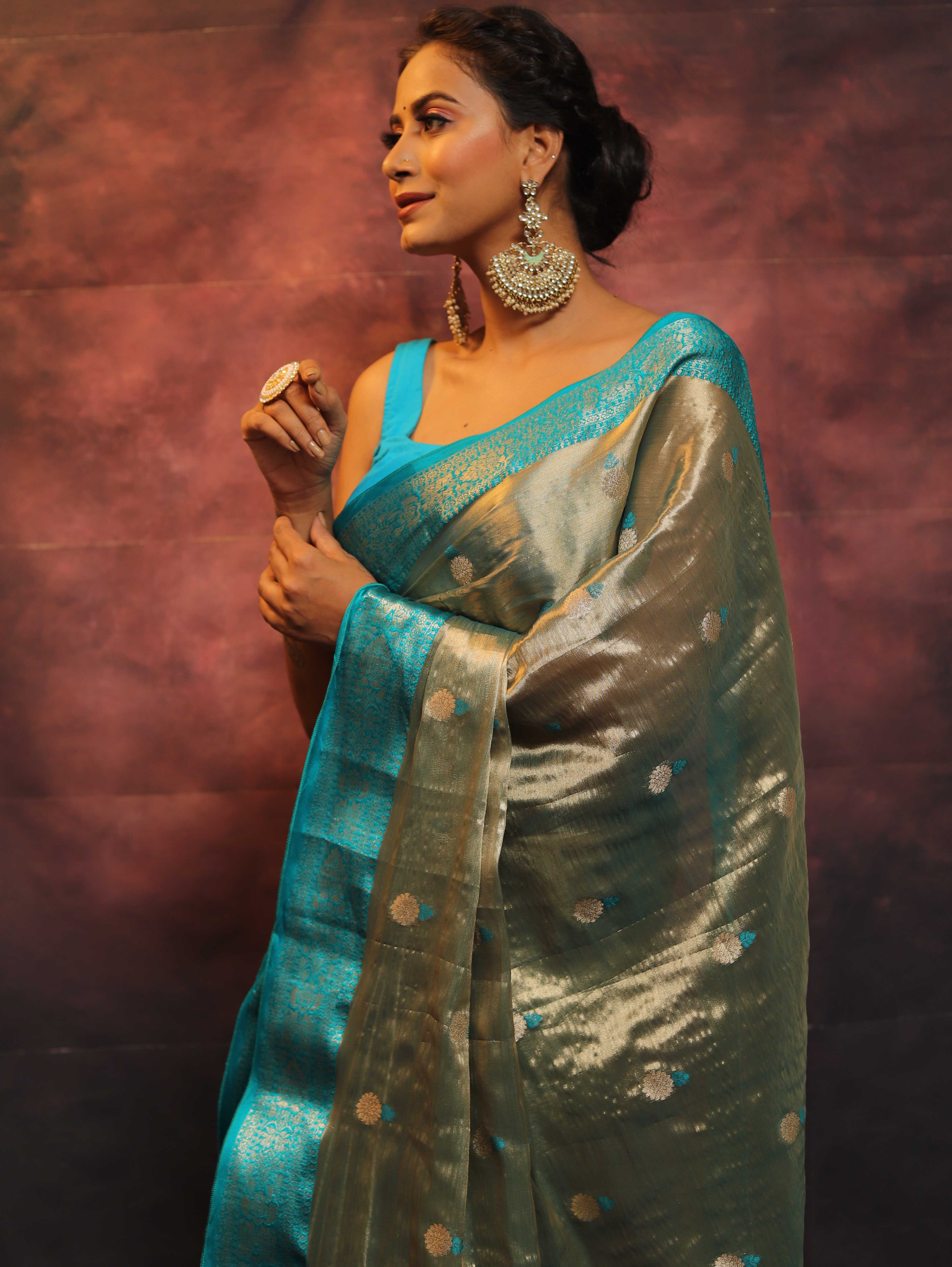 Banarasee Contrast Border Buta Design Tissue Saree-Grey & Blue