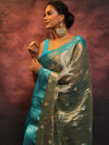 Banarasee Contrast Border Buta Design Tissue Saree-Grey & Blue