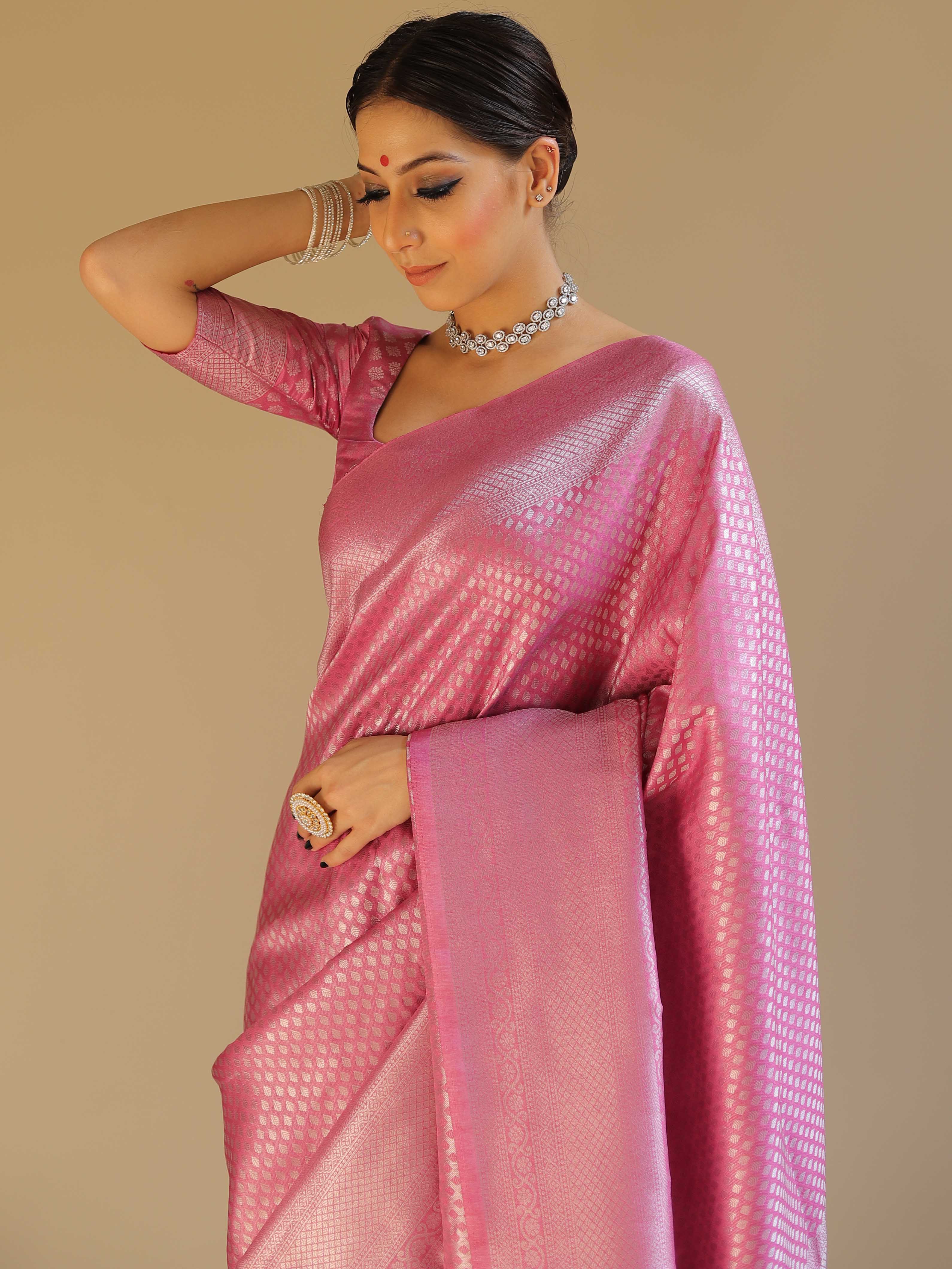 Banarasee Kubera Pattu Soft Silk Saree With Silver Zari Work-Onion Pink