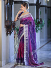 Banarasee Tissue Hand Embroidered Mirror Work Saree With Pearl Motifs & Swarovski Work-Violet & Magenta