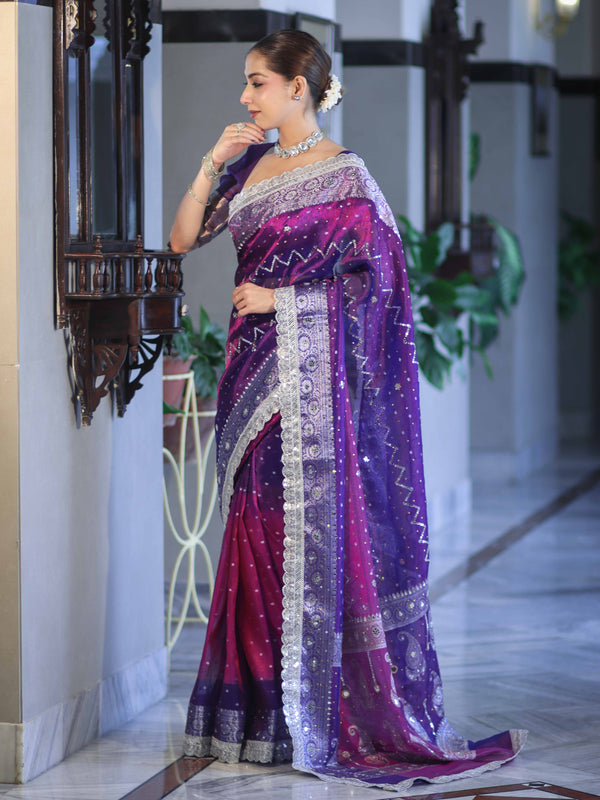 Banarasee Tissue Hand Embroidered Mirror Work Saree With Pearl Motifs & Swarovski Work-Violet & Magenta