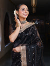 Banarasee Handwoven Tissue Saree With Zari Buti Design & Lace-Black