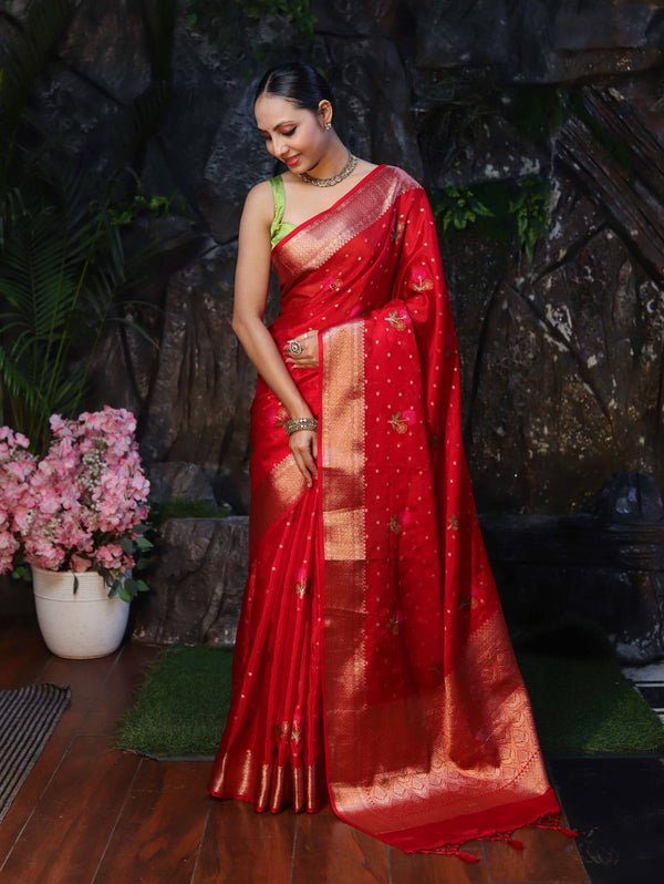 Banarasee Organza Mix Saree With Zari Buti Work & Border-Red