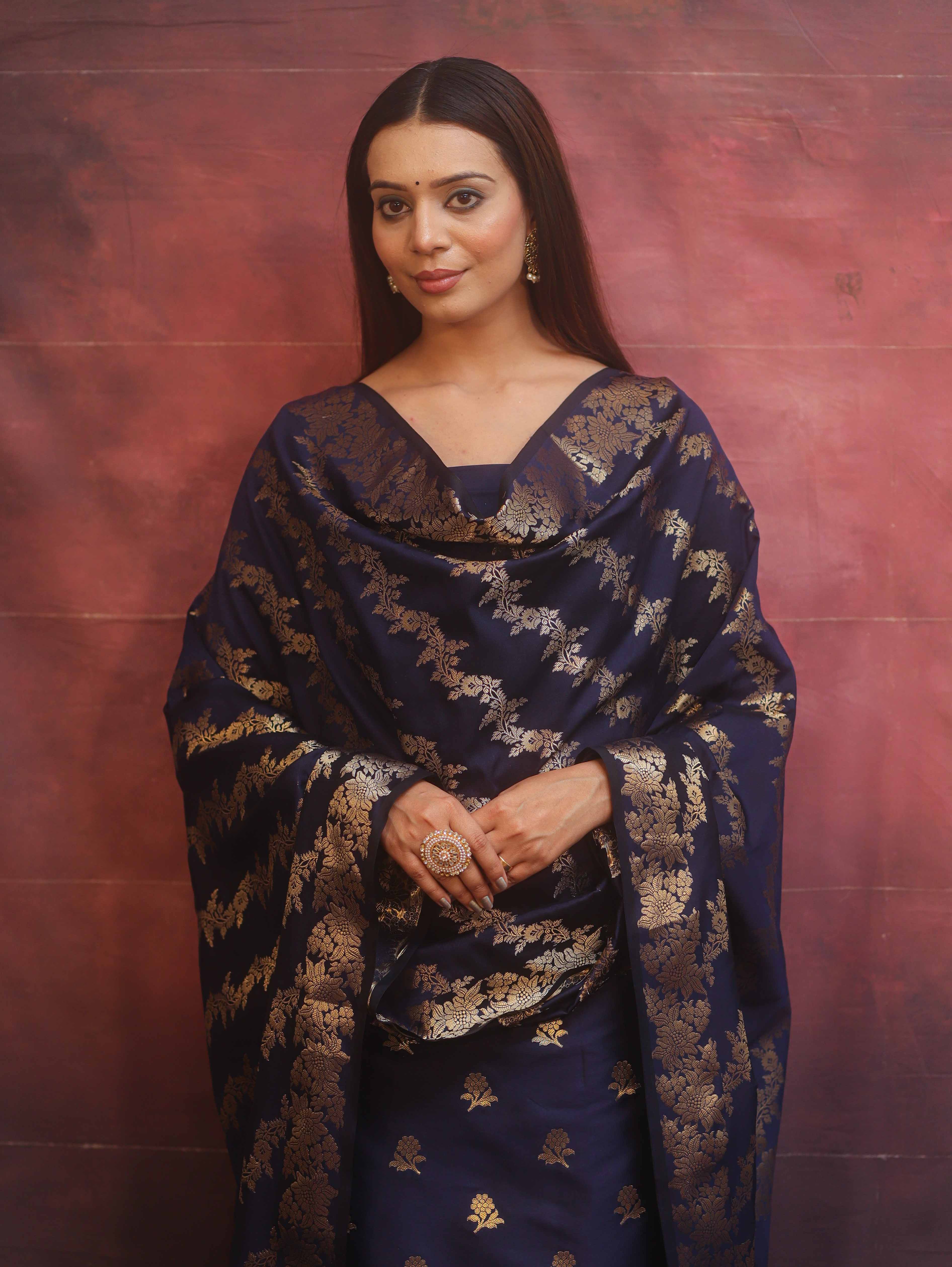 Banarasee Semi-Silk Salwar Kameez Fabric With Dupatta Set-Blue