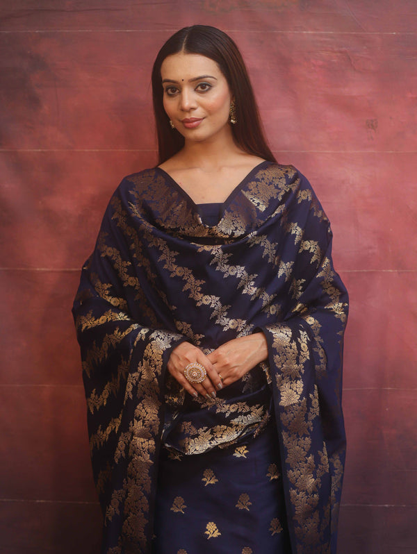 Banarasee Semi-Silk Salwar Kameez Fabric With Dupatta Set-Blue