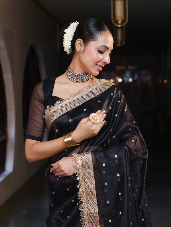 Banarasee Handwoven Tissue Saree With Zari Buti Design & Lace-Black