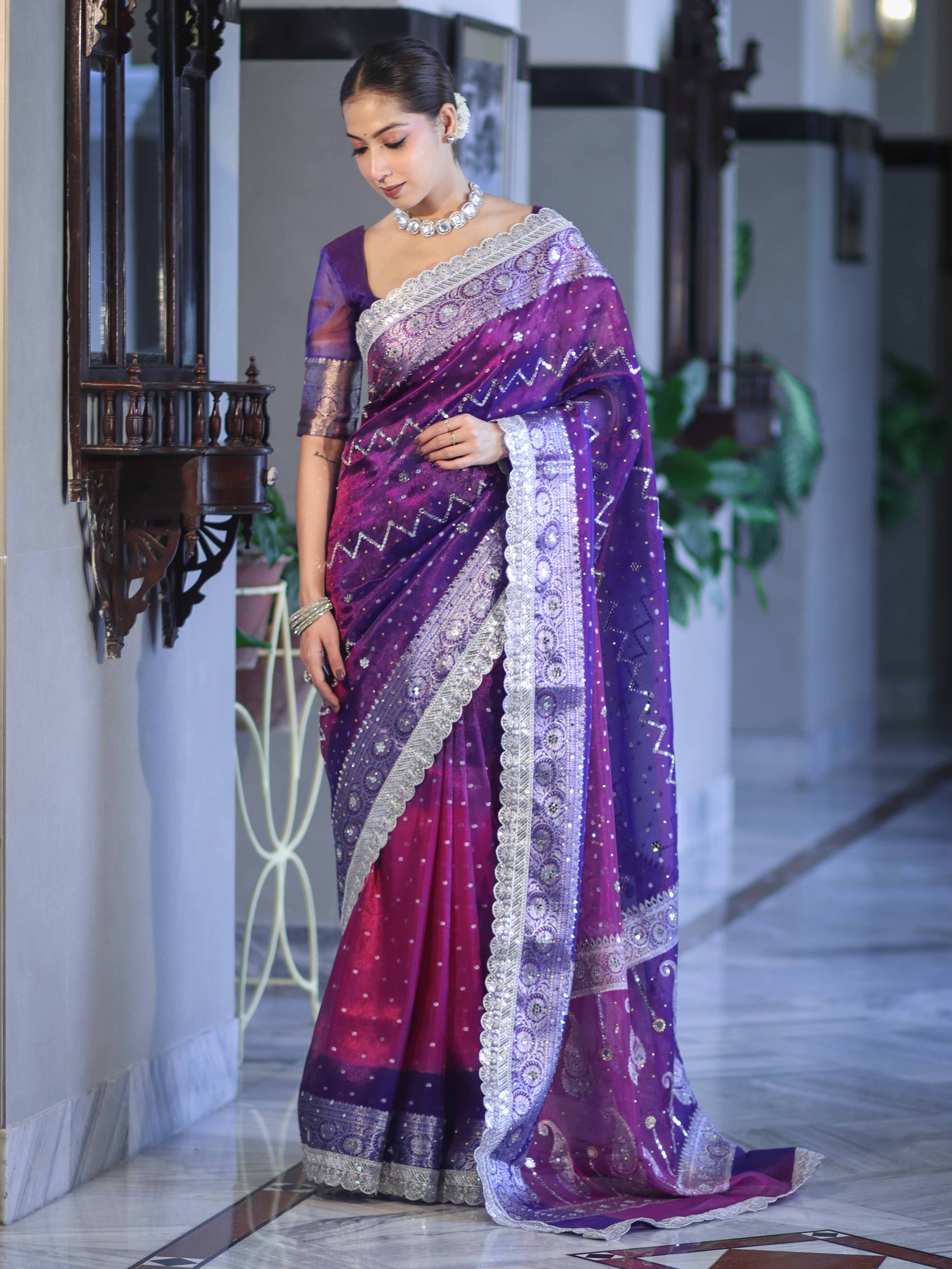 Banarasee Tissue Hand Embroidered Mirror Work Saree With Pearl Motifs & Swarovski Work-Violet & Magenta