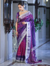 Banarasee Tissue Hand Embroidered Mirror Work Saree With Pearl Motifs & Swarovski Work-Violet & Magenta