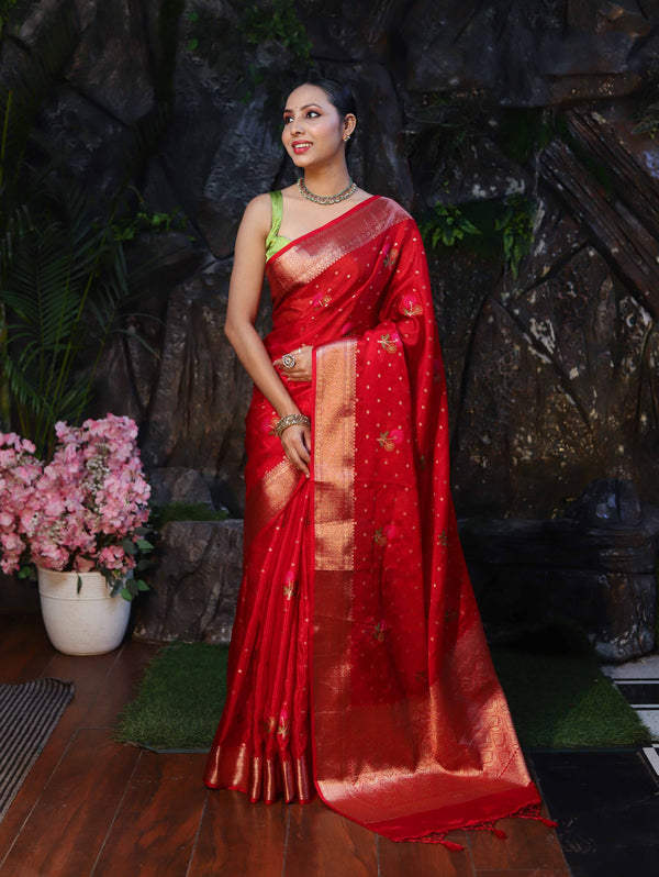 Banarasee Organza Mix Saree With Zari Buti Work & Border-Red
