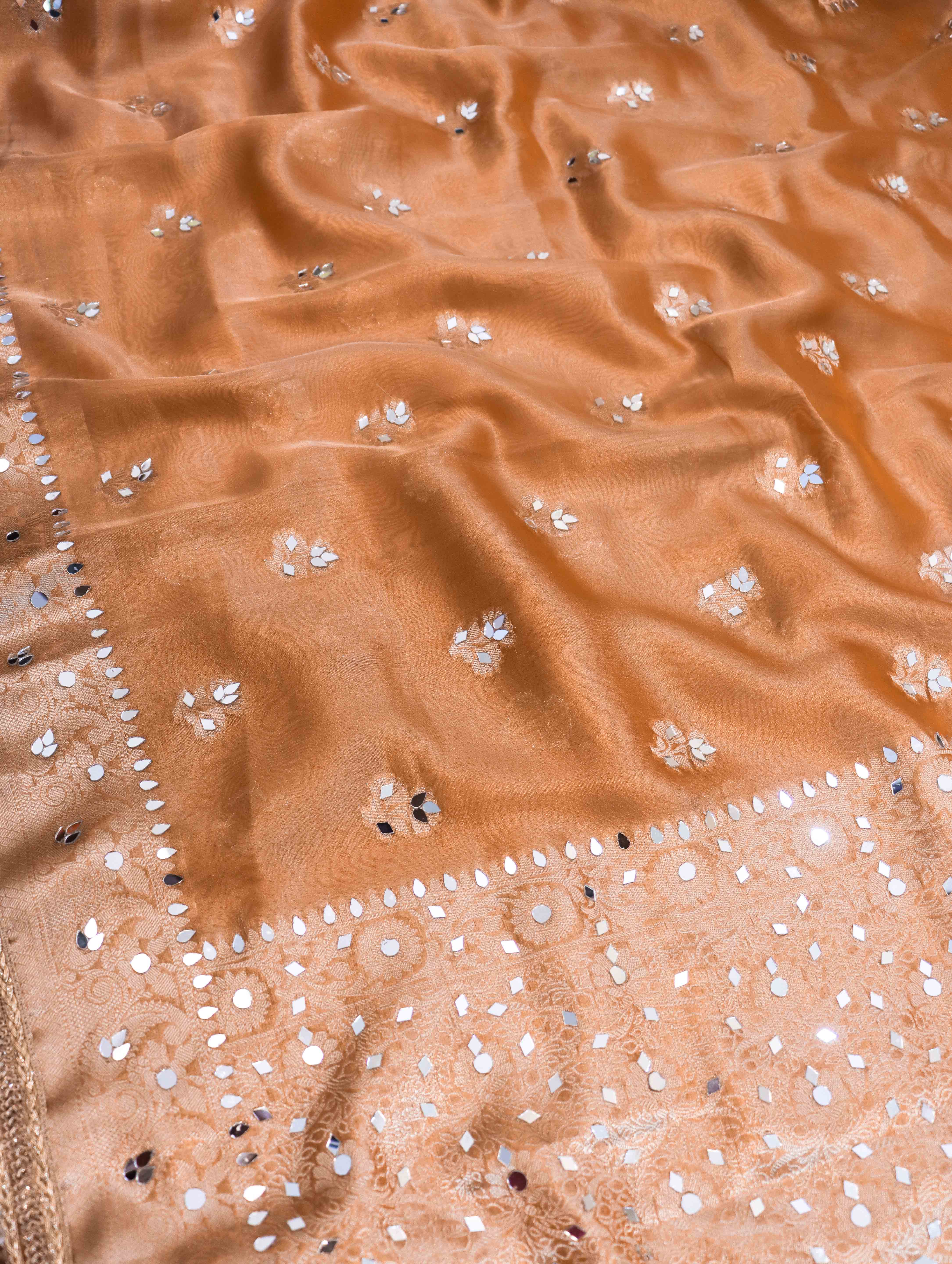 Banarasee Tissue Hand Embroidered Mirror Work Saree-Rust Orange