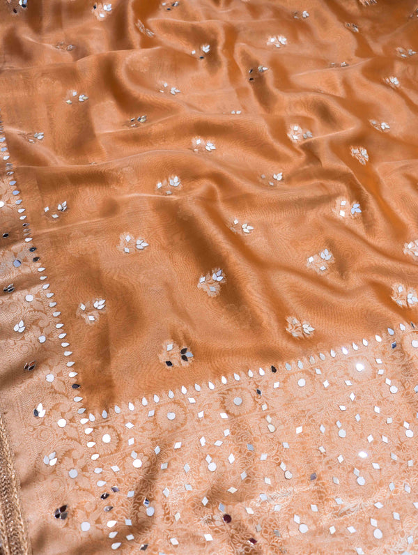 Banarasee Tissue Hand Embroidered Mirror Work Saree-Rust Orange