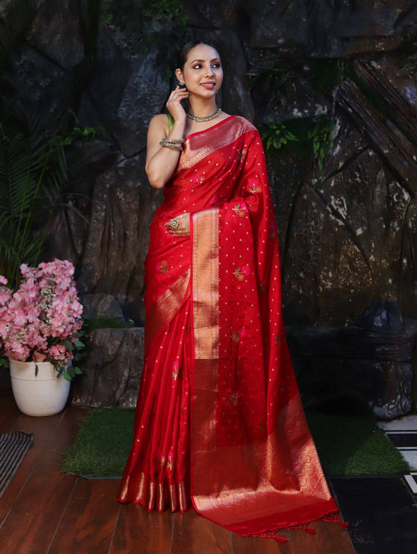 Banarasee Organza Mix Saree With Zari Buti Work & Border-Red