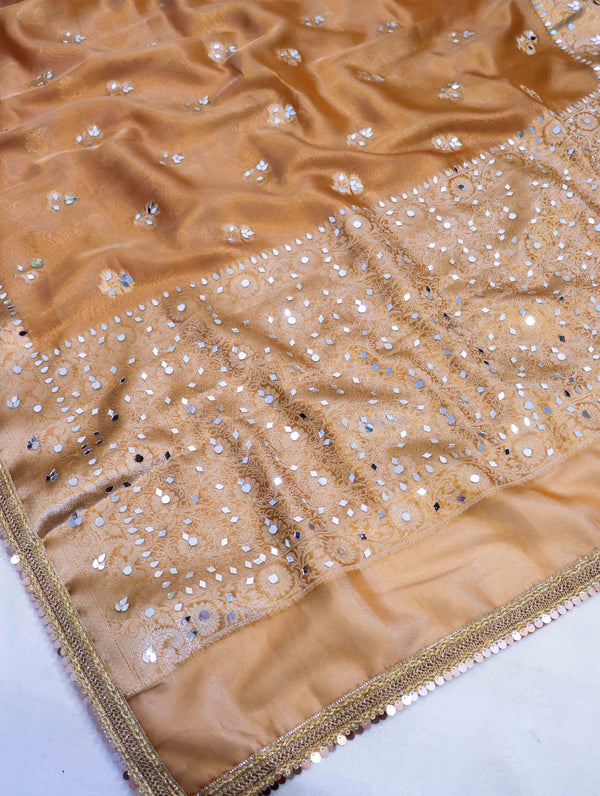 Banarasee Tissue Hand Embroidered Mirror Work Saree-Rust Orange