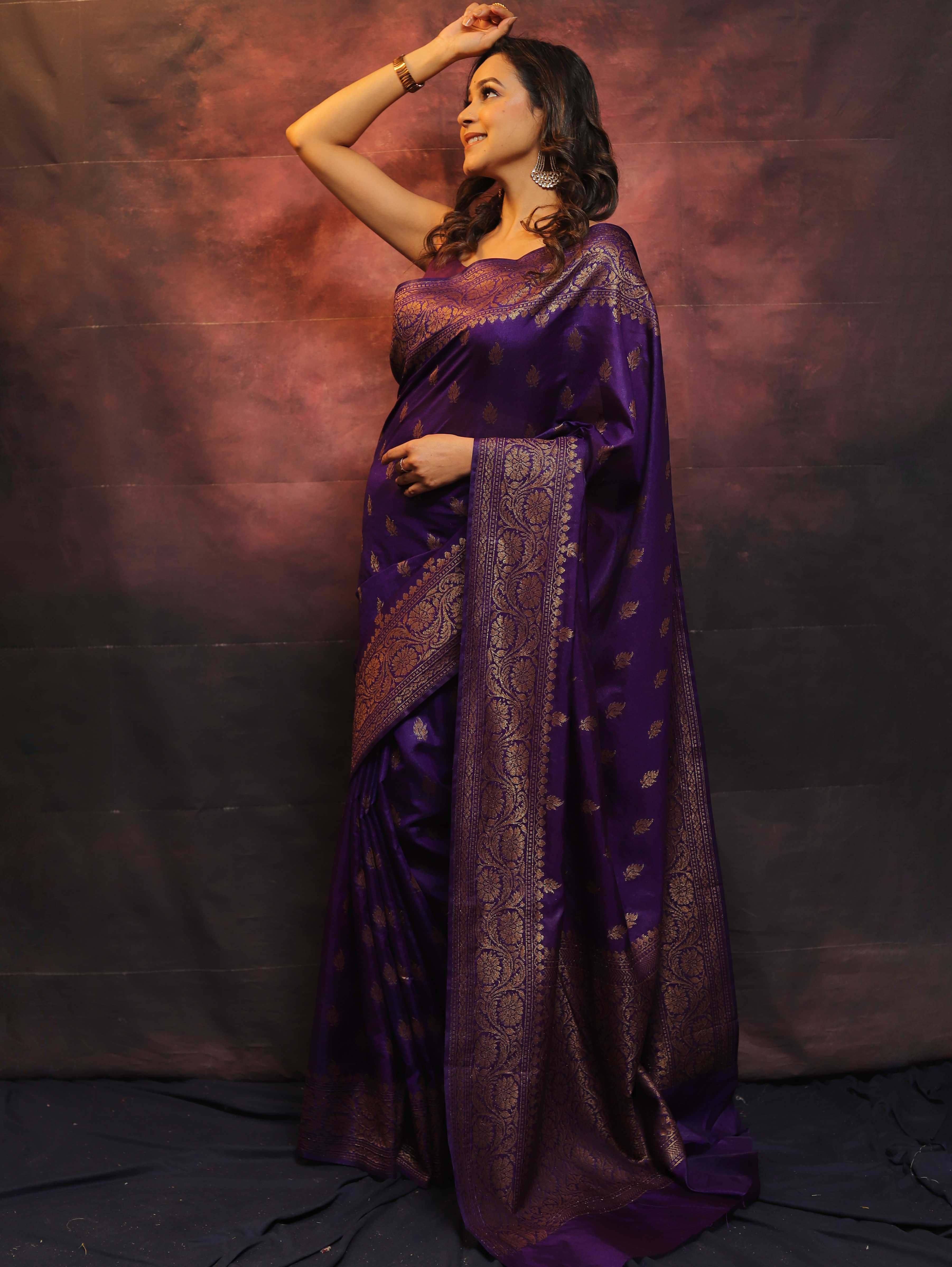 Banarasee Semi-Chiffon Saree With Antique Gold Zari Work-Violet