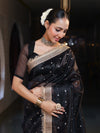 Banarasee Handwoven Tissue Saree With Zari Buti Design & Lace-Black