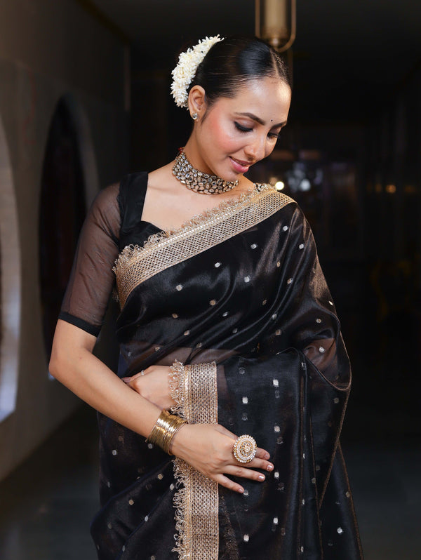 Banarasee Handwoven Tissue Saree With Zari Buti Design & Lace-Black