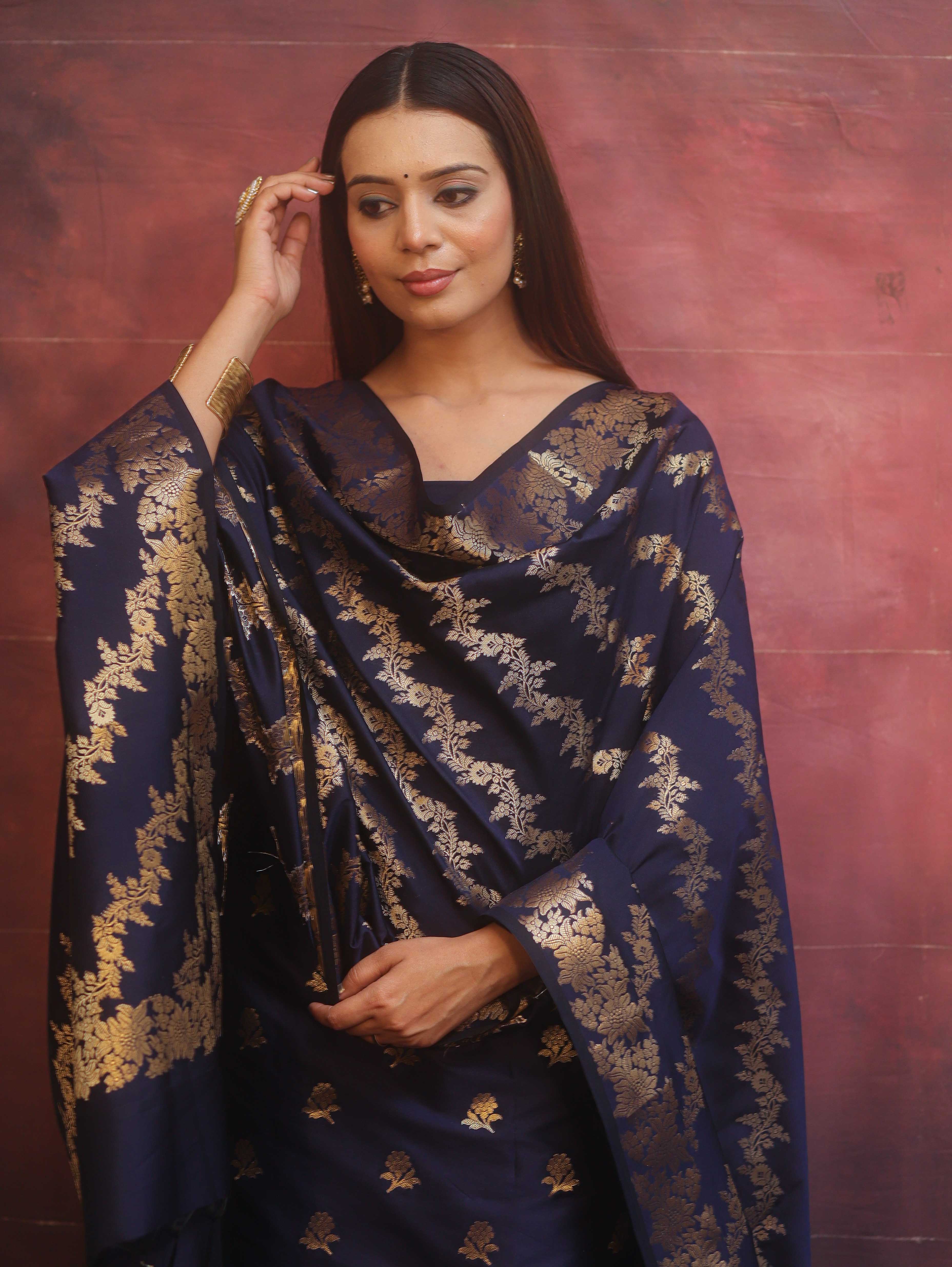 Banarasee Semi-Silk Salwar Kameez Fabric With Dupatta Set-Blue