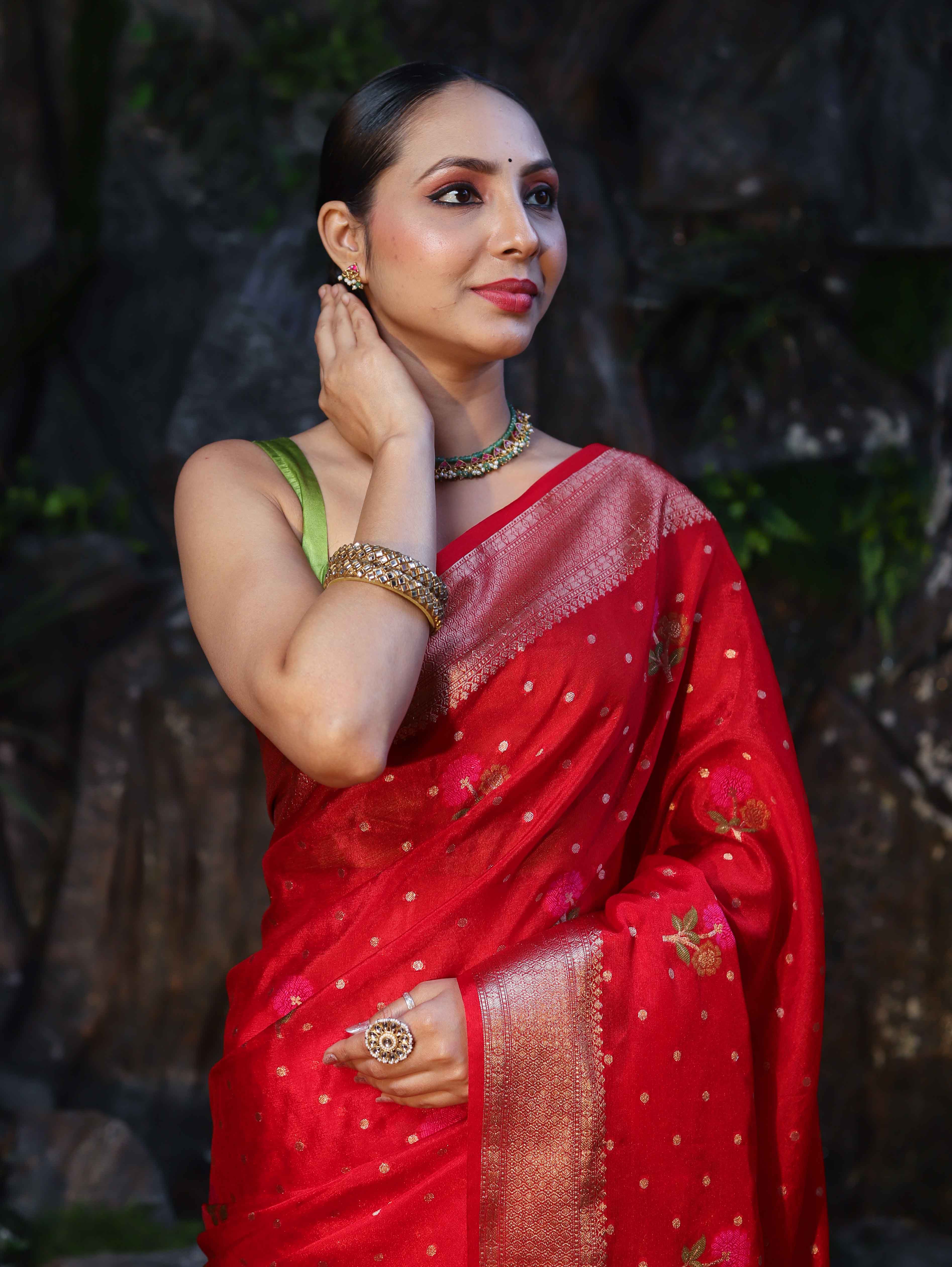 Banarasee Organza Mix Saree With Zari Buti Work & Border-Red