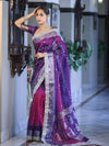 Banarasee Tissue Hand Embroidered Mirror Work Saree With Pearl Motifs & Swarovski Work-Violet & Magenta