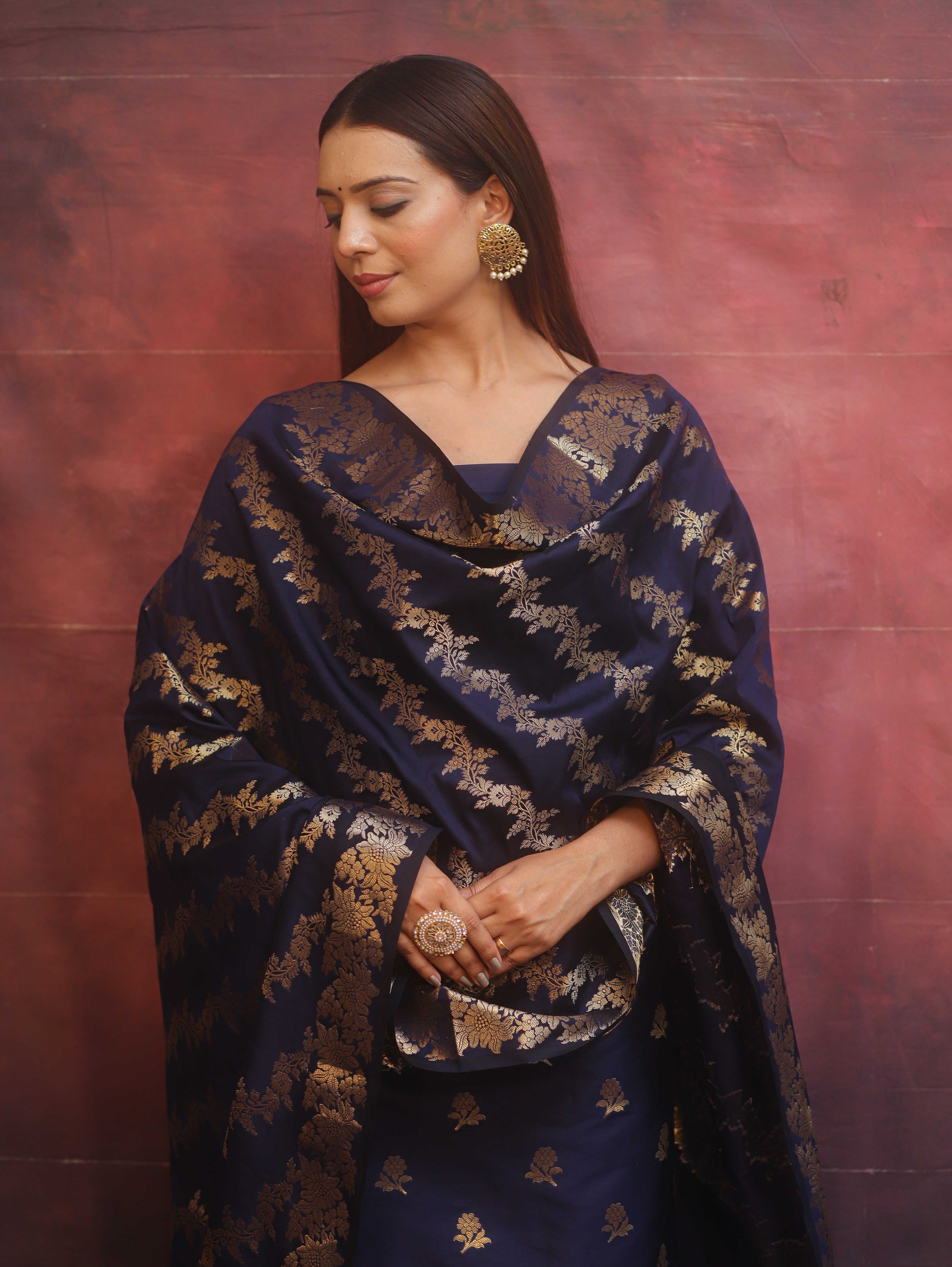 Banarasee Semi-Silk Salwar Kameez Fabric With Dupatta Set-Blue