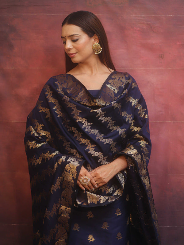 Banarasee Semi-Silk Salwar Kameez Fabric With Dupatta Set-Blue