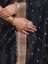Banarasee Handwoven Tissue Saree With Zari Buti Design & Lace-Black