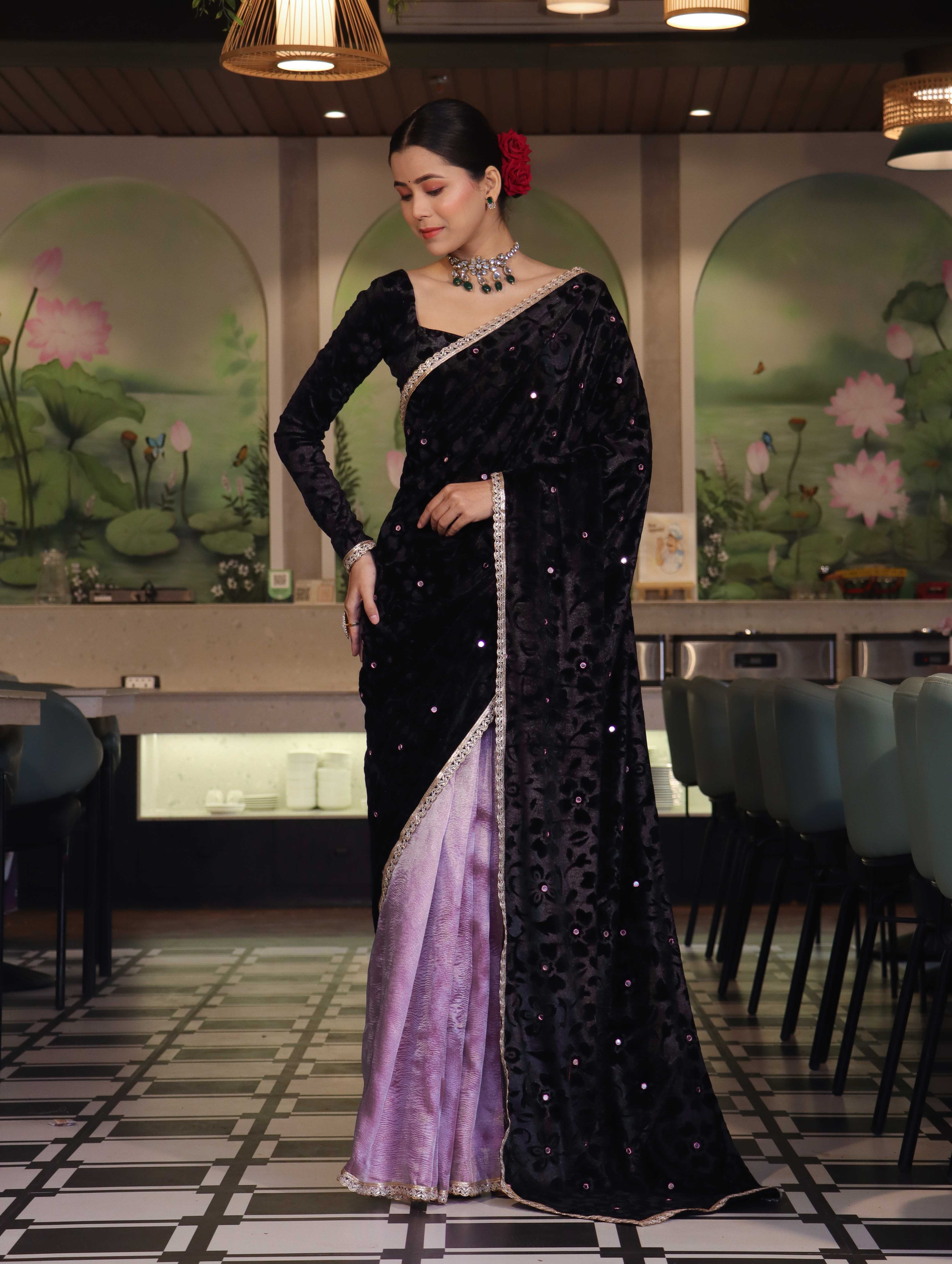 Banarasee Mirror Embroidered Velvet & Tissue Saree-Black