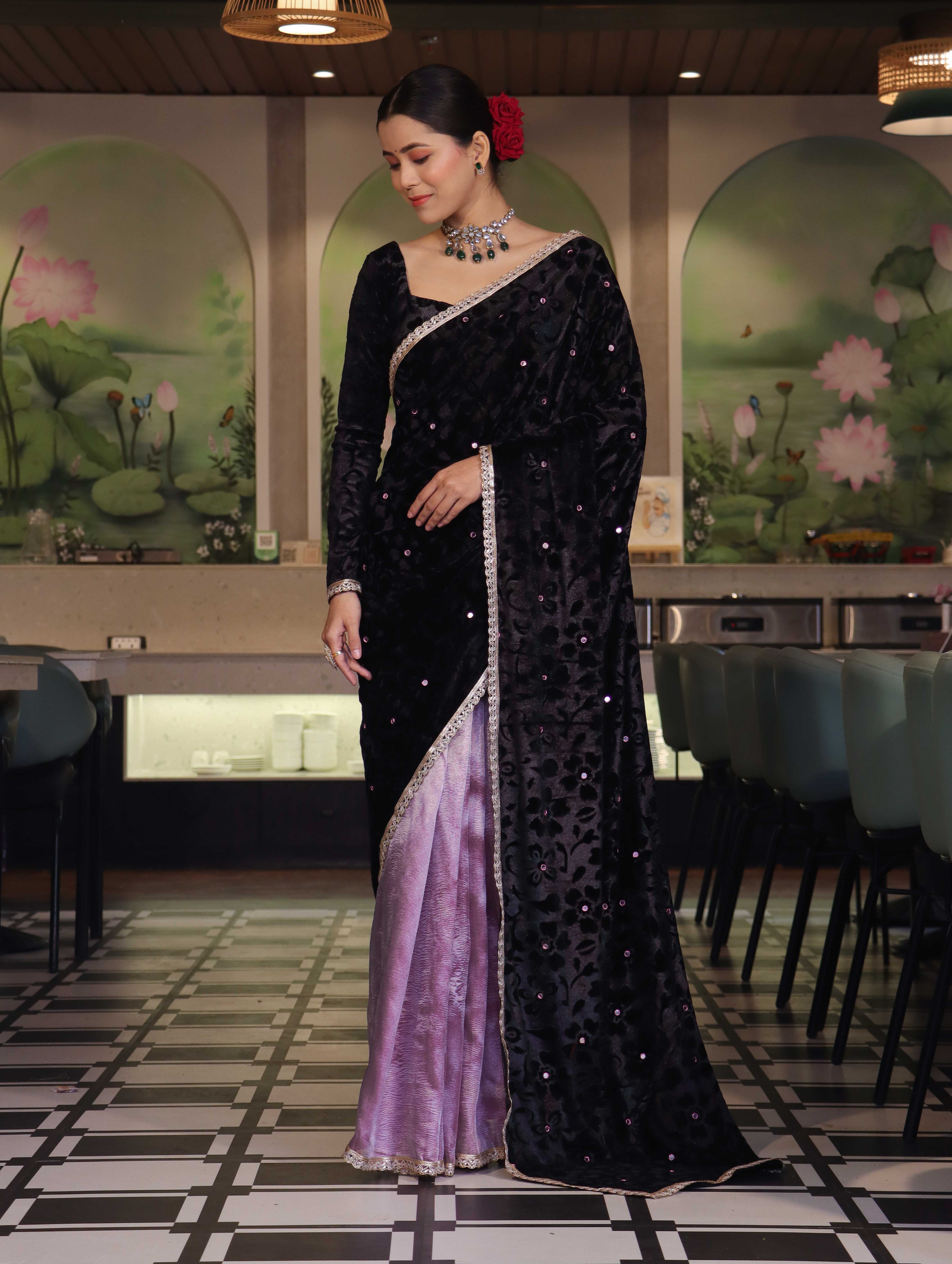 Banarasee Mirror Embroidered Velvet & Tissue Saree-Black