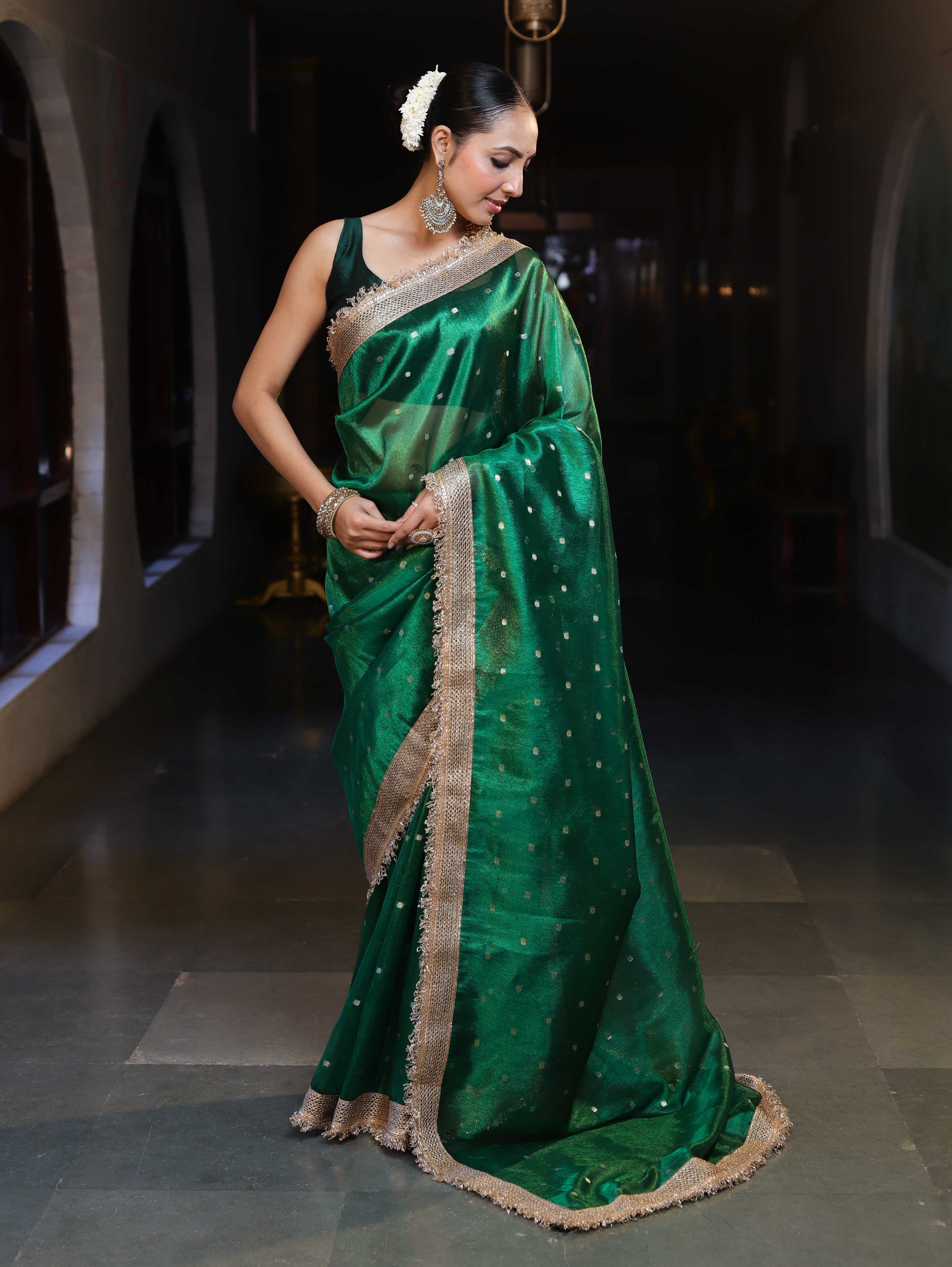 Banarasee Handwoven Tissue Saree With Zari Buti Design & Lace-Green