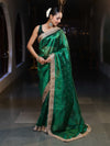Banarasee Handwoven Tissue Saree With Zari Buti Design & Lace-Green