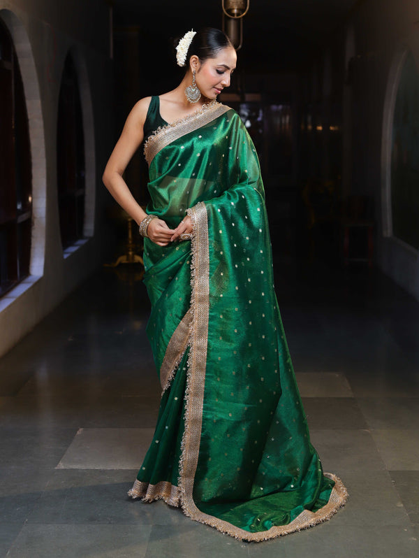 Banarasee Handwoven Tissue Saree With Zari Buti Design & Lace-Green
