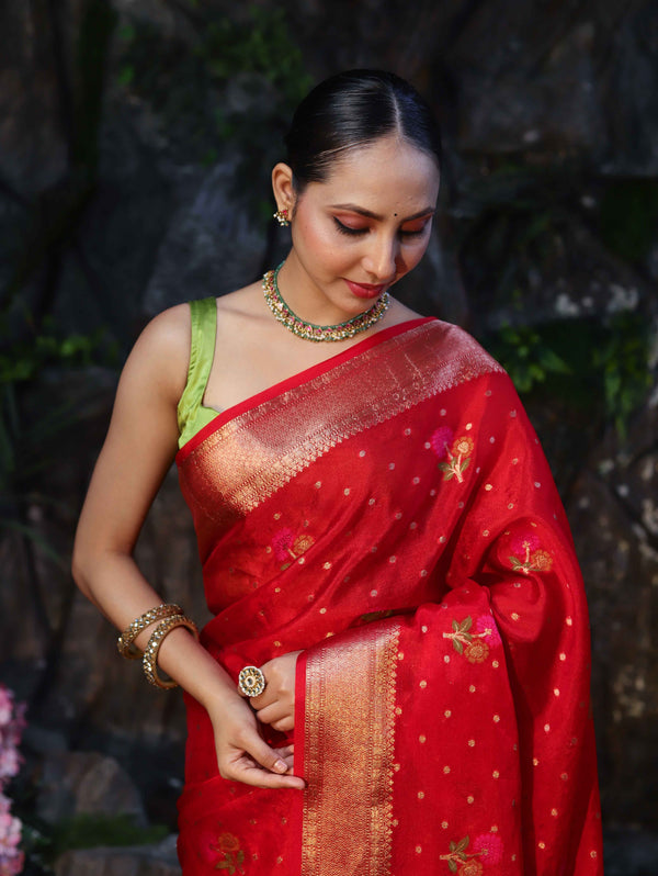 Banarasee Organza Mix Saree With Zari Buti Work & Border-Red