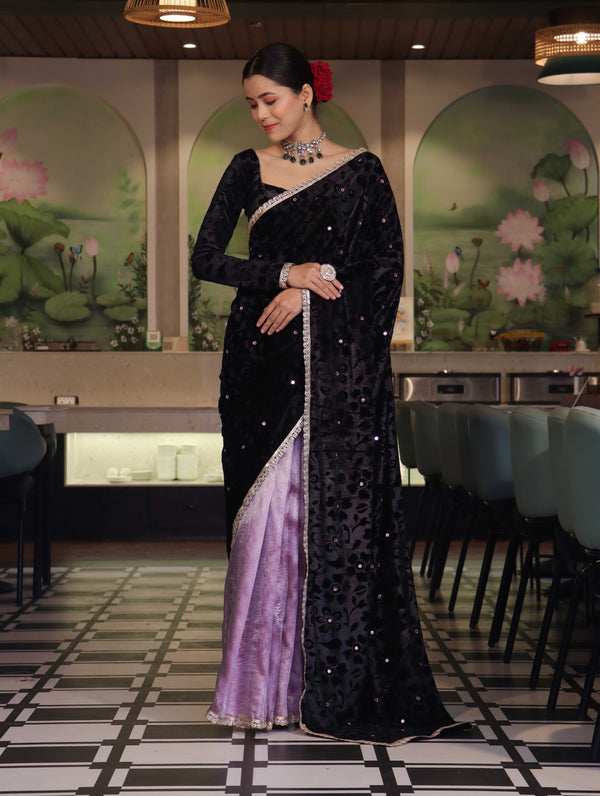 Banarasee Mirror Embroidered Velvet & Tissue Saree-Black