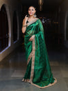 Banarasee Handwoven Tissue Saree With Zari Buti Design & Lace-Green