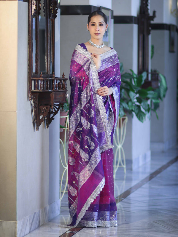Banarasee Tissue Hand Embroidered Mirror Work Saree With Pearl Motifs & Swarovski Work-Violet & Magenta